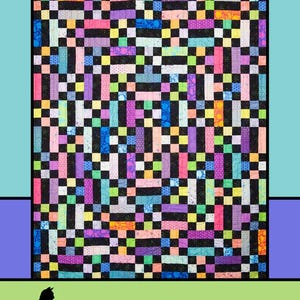 May include: A colorful quilt pattern called "Transcendent" designed by Melissa Milligan for Villa Rosa Designs. The quilt features a black and white checkerboard pattern with colorful strips of fabric sewn over the top.