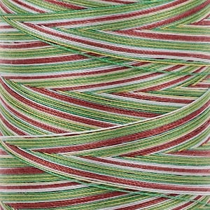 Könnte beinhalten: Eine Spule mit mehrfarbigem Stickgarn mit roten, grünen, weißen und gelben Streifen.
