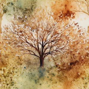 May include: Watercolor painting of a tree with brown branches and a dark brown trunk. The background features a blend of orange, yellow, and green hues, creating a natural, abstract landscape.