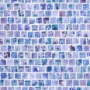 May include: A close-up of a tiled wall with a mosaic pattern. The tiles are small and square, and they are arranged in a grid pattern. The tiles are a variety of shades of blue and purple, and they have a slightly textured surface.