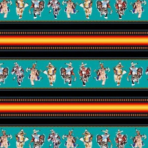 May include: A repeating pattern featuring Native American dancers in traditional attire. The dancers are depicted in various poses against a teal background, with black and orange striped borders. The dancers wear colorful costumes with feathered headdresses.