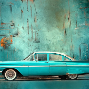 Cruisin Turquoise Chevy Quilt Panel - TVC-001 - Panel Size is 24.5” X 15.5”, Quality Quilting Cotton
