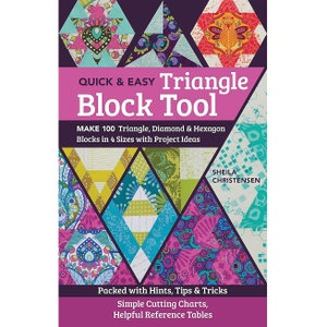 Puede incluir: Una portada de libro con fondo rosa y el título "Quick & Easy Triangle Block Tool". El subtítulo es "Make 100 Triangle, Diamond & Hexagon Blocks in 4 Sizes with Project Ideas". La portada presenta un diseño de colcha de retazos colorido con una variedad de formas geométricas.