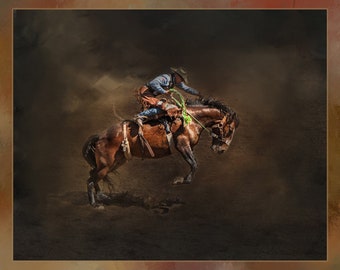 Panel de tela Bronc Rider Two, panel para acolchado, tela de algodón de calidad para acolchado, panel de tela de caballos para acolchar o coser, tamaño 20" de ancho x 16" de largo, CBY-010