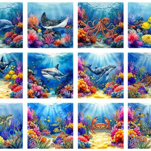 May include: A collection of twelve square illustrations depicting various marine life including a dolphin, stingray, octopus, yellow fish, orca, shark, whale, lobster, sea turtle, crab, and a shipwreck, all set within vibrant coral reefs.