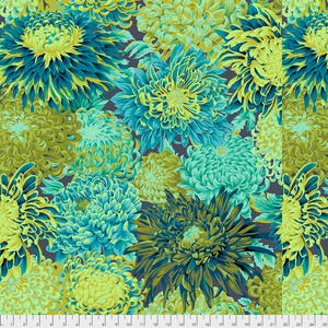 Kaffe Fassett Fabric, Quilting Cotton, Japanese Chrysanthemum - Forest || Classics, Half Yard or by the Yard, Cotton Fabric, FreeSpirit