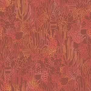 May include: A seamless pattern featuring a variety of cacti and succulents in terracotta, orange, and coral hues. The design includes detailed line drawings of potted plants, creating a desert botanical theme.