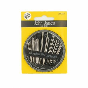 May include: A pack of 30 assorted needles from John James, Est. 1840. The silver needles are in a circular black container. The package is yellow with a black band and the brand name.