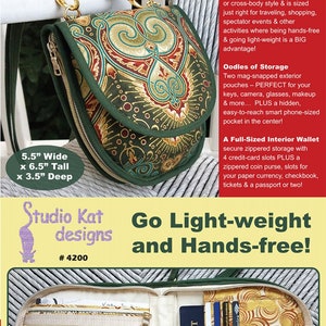 May include: A green fabric crossbody bag with a gold zipper and a floral pattern. The bag is open to reveal a yellow and gold patterned interior with a passport and credit cards. The bag is 5.5 inches wide, 6.5 inches tall, and 3.5 inches deep. The text "Go-Go Compact" is at the top of the image. The text "Studio Kat designs #4200" is at the bottom of the image. The text "Go Light-weight and Hands-free!" is in the center of the image.