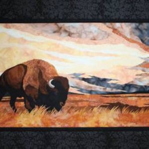 May include: A framed artwork depicts a bison in a field under a sunset sky. The bison is brown and black with white horns. The sky has shades of yellow, orange, and blue. The artwork is framed in black.