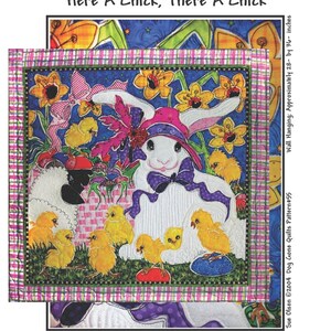 May include: A white bunny with a pink hat and purple bow sits in a field of yellow flowers with a basket and several yellow chicks. The background is a blue and white checkered pattern. The text "Here A Chick, There A Chick" is at the top of the image.