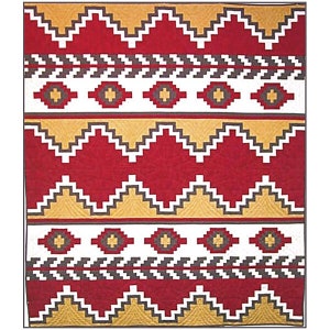 May include: A red, white, and gold geometric pattern quilt with a southwestern design. The quilt features a repeating pattern of zigzags, diamonds, and stripes.