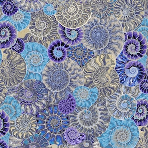 May include: A repeating pattern of ammonite fossils in various sizes and orientations. The design features a colour palette of deep purple, royal blue, light cyan, and muted beige, with intricate spiral shell details covering the entire surface.