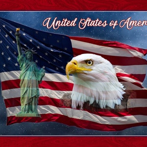 Pode incluir: Imagem com a bandeira americana, a Estátua da Liberdade e uma águia careca. As palavras "United States of America" estão escritas em uma fonte decorativa. A imagem tem uma borda vermelha.