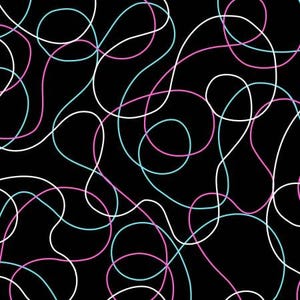 May include: Seamless pattern featuring abstract, flowing lines in white, pink, and light blue against a black background. The lines are intertwined and create a dynamic, modern design. This pattern is suitable for various applications.