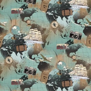 May include: A vintage style pattern featuring a blue and brown world map with compass, globe, airplane, ship, and luggage. The pattern is perfect for travel themed crafts and projects.