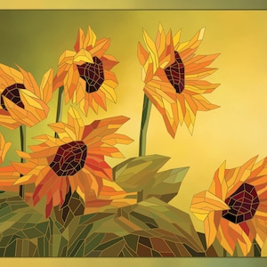 Stained Glass Sunflowers Fabric Panel - FLR-026, Panel Size is 42” wide and 28” Tall, Quality Quilting Cotton