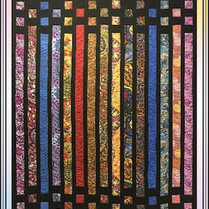 May include: A quilt pattern titled Continuity featuring vertical strips of various colorful patterned fabrics set against a solid black background. The text reads Continuity, Table Topper, Lap and Twin sizes, Strip friendly fun!, EUQ310, and ErinUnderwoodQuilts.com.