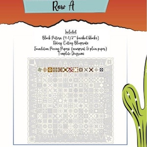 Puede incluir: Un patrón de acolchado para la fila A, con un fondo gris y una variedad de bloques de acolchado coloridos. El patrón incluye instrucciones para cortar rotatorio, acolchado de base y diagramas de plantillas. El texto "Row A" está en la parte superior de la imagen, y "Distributed By: Quill Central Studio" está en la parte inferior.