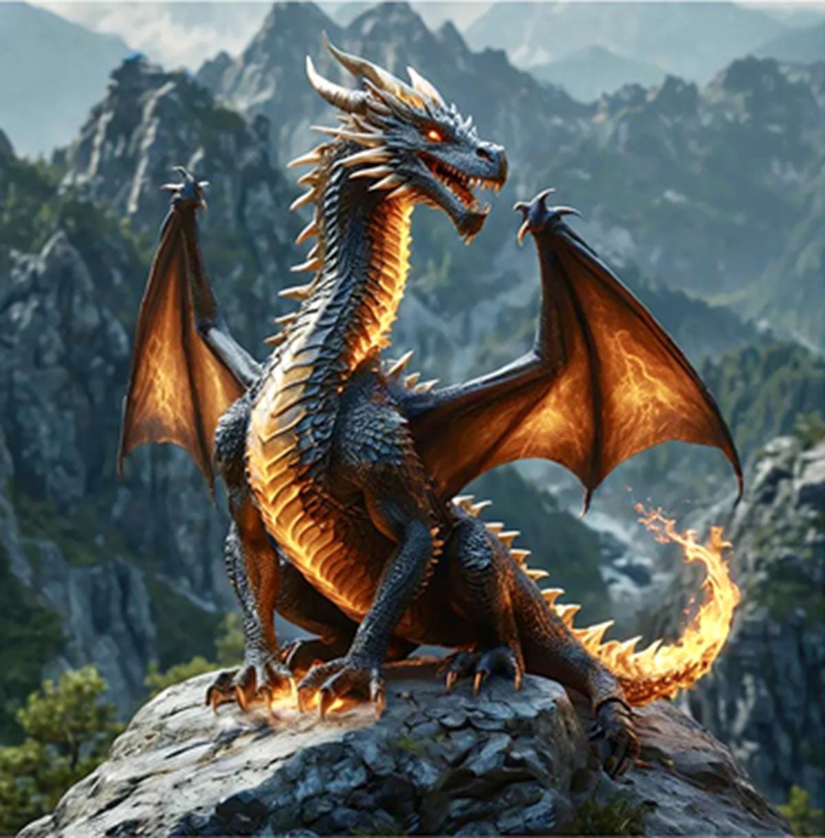 Animated Dragon on Fire Quilt Panel - - ANI-027, Panel Size is 13.5” X 13.5”, Quality Quilting Cotton