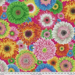 May include: A vibrant fabric pattern featuring a dense arrangement of multi-coloured gerbera daisies on a bright magenta background. The flowers appear in shades of green, yellow, orange, pink, white, and blue, with detailed petals and dark centres.