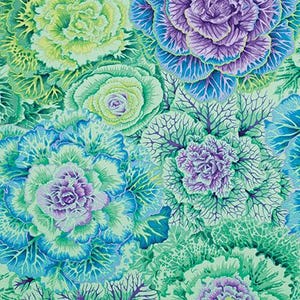 May include: A vibrant, close-up image of ornamental cabbage in shades of green, blue, and purple. The cabbage heads are intricately detailed, showcasing ruffled leaves and a layered, floral-like appearance. The background is a soft, light green.