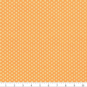 Op de afbeelding: Een naadloos stoffen patroon met een herhalend ontwerp van kleine witte bloemen op een helder oranje achtergrond.