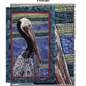 May include: A quilt pattern design featuring a pelican with a blue, green, and purple color scheme. The pattern is titled "Pelican" and is approximately 18 by 26 inches.