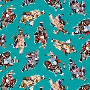 May include: A teal background features a repeating pattern of Native American dancers in traditional regalia. The dancers are depicted in motion, with detailed feather headdresses and colorful clothing. The design is a vibrant and eye-catching textile pattern.