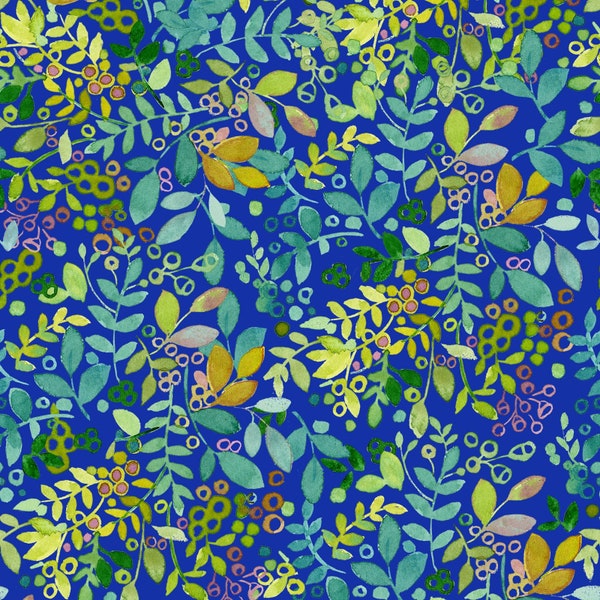 CLTY3629-53 Leaves and Buds - Navy Blue, My Happy Place, Designer Sue Zipkin, Quilting Cotton, Fat Quarters, Half Yard or by the Yard
