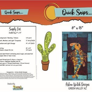 Peut inclure: Un motif de courtepointe coloré représentant une figure stylisée avec un patchwork turquoise, orange et jaune. La courtepointe mesure 8 pouces sur 13 pouces et est intitulée "Quick Snips".