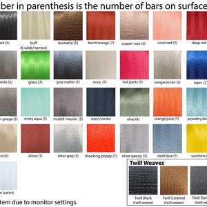 Pode incluir: Um gráfico de cores mostrando amostras de tecido em várias tonalidades, cada uma rotulada com um nome de cor e o número de barras na superfície do cinto. As cores incluem preto, berinjela, ouro e verde-azulado. O texto "Twill Weaves" também está presente.