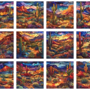 Könnte beinhalten: Eine Sammlung von zwölf quadratischen Kunstdrucken mit lebendigen Wüstenlandschaften, Saguaro-Kakteen, felsigem Gelände und Bergen unter farbenfrohen Himmeln. Jedes Bild zeigt einen Buntglas-Stil mit kräftigen, gesättigten Farben.
