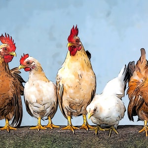 May include: Five chickens, two brown, two white, and one with a mix of brown and white feathers, stand on a wooden fence. The chickens are all facing different directions.