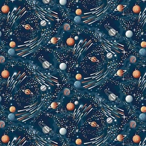 Pode incluir: Um padrão repetitivo de planetas, estrelas e estrelas cadentes em um fundo azul escuro. Os planetas são de várias cores, incluindo laranja, azul e cinza, com anéis e crateras. As estrelas cadentes têm rastros brancos e laranja.