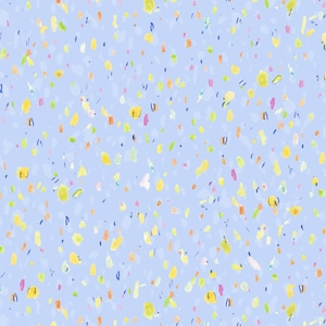 Puede incluir: Un fondo azul claro con un patrón de confeti de formas amarillas, naranjas, verdes, rosas y azules.