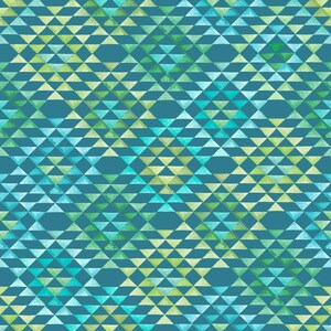May include: A teal background is covered with a repeating pattern of watercolor triangles in shades of green and blue. The triangles are arranged in rows and columns, creating a diamond-like design. The overall effect is a geometric and colorful pattern.
