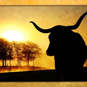 Longhorn Sunset Fabric Panel, Quilt Panel, Quilting Cotton Fabric, Longhorn Cattle Fabric Panel to Quilt or Sew, Size 22”Wx15”L, ACW-009