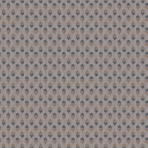May include: A repeating pattern of small, stylized floral motifs. The design features alternating rows of dark blue and rust-coloured floral elements on a light grey background. The overall texture appears slightly textured.