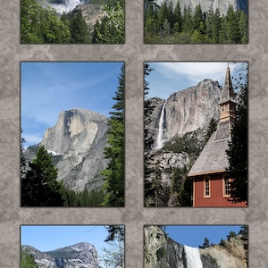 Może przedstawiać: Kolaż sześciu zdjęć przedstawiających różne widoki Parku Narodowego Yosemite. Zdjęcia przedstawiają wodospady, granitowe klify i bujną zieleń.