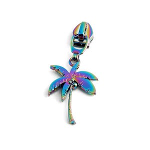 May include: A rainbow iridescent metal palm tree zipper pull. The palm tree is detailed with a textured trunk and leaves.
