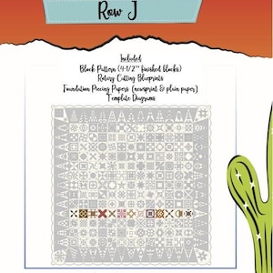 Puede incluir: Un patrón de colcha en blanco y negro para la fila J, que presenta una variedad de cuadrados y triángulos pequeños. El patrón incluye instrucciones para cortar, unir y ensamblar los bloques de la colcha. El texto "Row J" está en la parte superior de la imagen y "Distributed By: Quill Central Studio" está en la parte inferior.