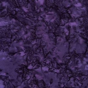 May include: A close-up of a fabric with a mottled, tie-dye effect in shades of deep purple and black. The fabric has a textured appearance, with areas of lighter and darker hues creating a marbled pattern. This textile is suitable for quilting and crafting.