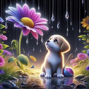 Pode incluir: Um cachorrinho fofo com pelo marrom e branco está sentado em um jardim, olhando para cima para uma grande flor rosa e azul. Gotas de chuva caem do céu e da flor, criando uma atmosfera mágica.