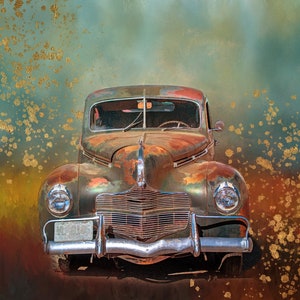 May include: A vintage green car with rust and a faded blue and gold background. The car has a chrome bumper and a number plate that reads "42-0105".