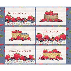 June Placemat Panel, Quilting Cotton, June Placemat Panel Features Berries and Uplifting Phrases, From Tara Reed for Riley Blake Fabrics