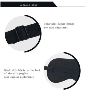 Puede incluir: M&aacute;scara para dormir negra con una correa ajustable y una hebilla. La m&aacute;scara est&aacute; hecha de tela suave y negra y tiene una textura suave y c&oacute;moda. La correa est&aacute; hecha de el&aacute;stico negro y tiene una hebilla para un ajuste f&aacute;cil.