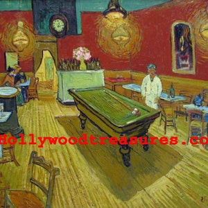 May include: Impressionistic painting of a dimly lit interior with a green pool table, a bar, and several patrons. The walls are red, and the floor is made of wood. The scene is filled with warm, inviting light.