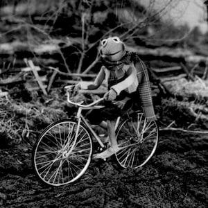 Puede incluir: Imagen en blanco y negro de una rana verde montando en bicicleta. La rana lleva una bufanda y una camisa. La bicicleta tiene neumáticos finos y un diseño clásico. La escena está ambientada al aire libre con una valla al fondo.