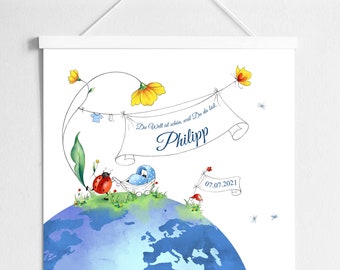 personalisiertes Poster zur Geburt • Poster Baby Junge • "Die Welt ist schön, weil Du da bist!"